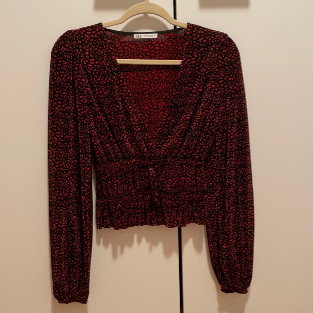 Zara Black and Red Cheetah Pleated Top